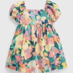 Baby Linen-Cotton Puff Sleeve Floral Dress